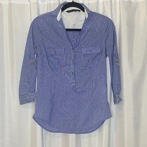 ZARA BASIC Women's Medium Blue White Stripe Lng Sl